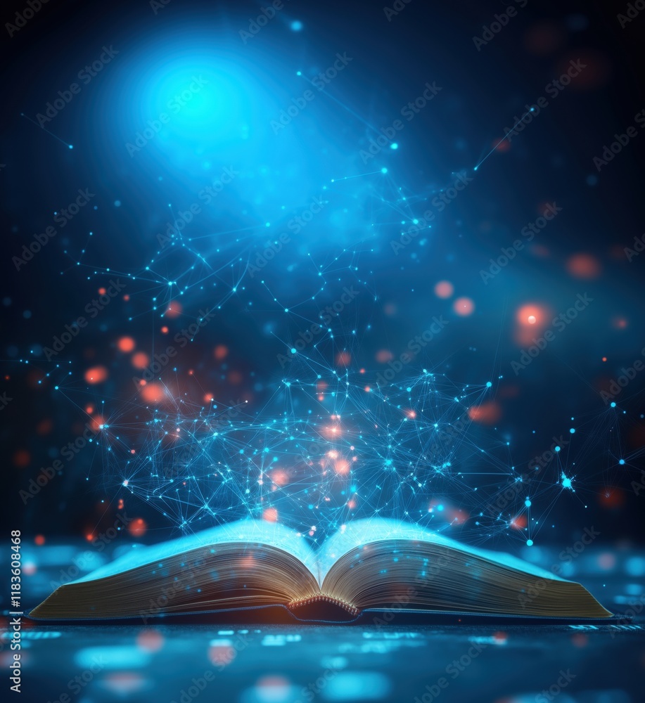Poster open book with glowing digital connections and abstract data visualization, symbolizing knowledge an