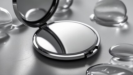 Elegant reflective compact mirror with glass stones on gray surface