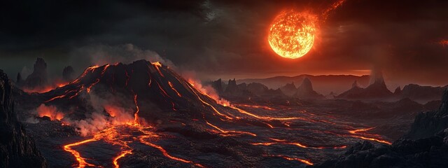 A dramatic view of a high-altitude volcanic island with glowing lava rivers and a rare, bright solar storm casting dynamic light patterns over the volcanic landscape, Volcanic island scene