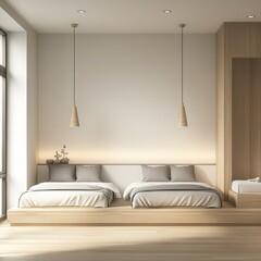 Minimalist Modern Bedroom Twin Beds Wooden Platform
