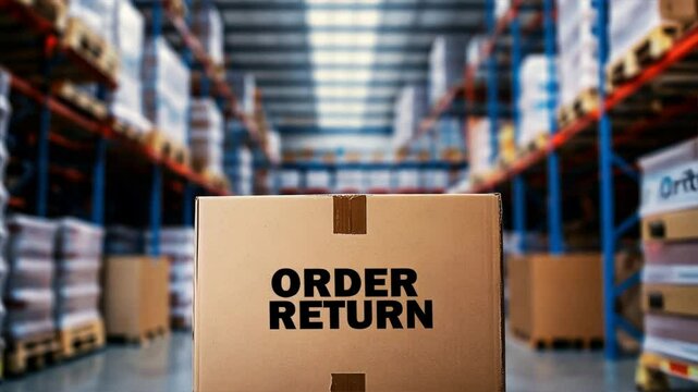 Cardboard box labeled Order Return in a warehouse surrounded by goods and shelves, illustrating the online order return and refund process