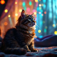 Adorable Kitten with Green Eyes in Festive Lights