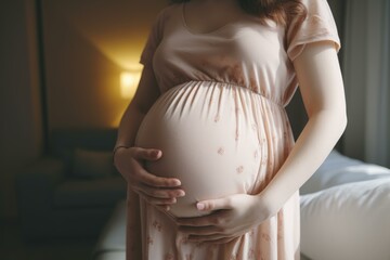 Pregnant woman holding her belly, standing in a softly lit room, wearing a delicate dress