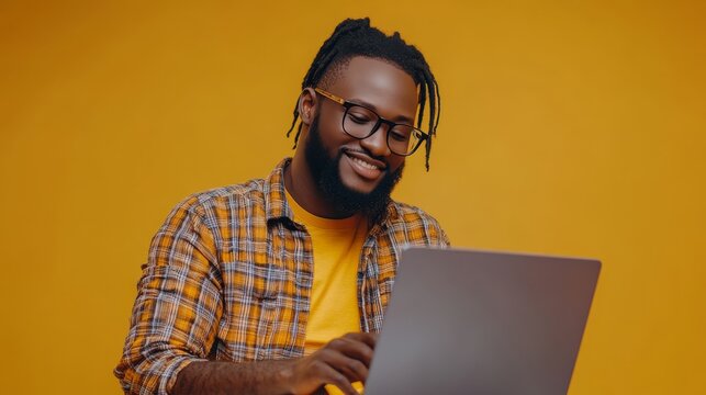 Young african businessman working on laptop  black male developer and designer in action