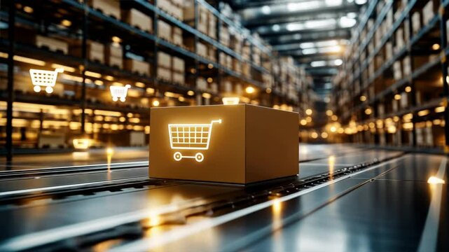Box with glowing cart icons above, set in an industrial warehouse with shelves and conveyor belts, symbolizing the efficiency of online order return processes
