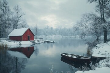 Fototapeta premium Red wooden cabin reflecting on a frozen lake during winter