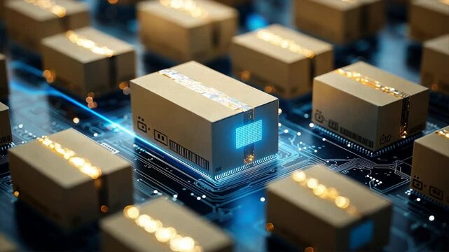 Cardboard boxes on an electronic circuit board with glowing blue lights, representing online cargo logistics and the fastest order return process powered by technology