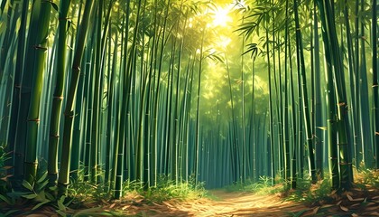 Sunlight filtering through a lush vibrant green bamboo forest path serene nature scene