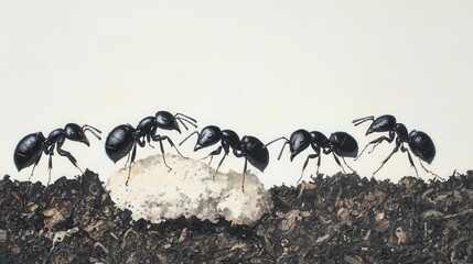 A group of black ants is seen transporting food across the ground, showcasing their teamwork and industrious nature.