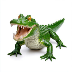 A vibrant green alligator figurine, jaws agape, poised on a stark white background.