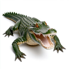 Fototapeta premium A menacing green alligator, jaws agape, on a stark white background.