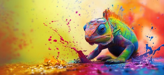 Vibrant Rainbow Iguana Crawling Through Colorful Splashes of Paint, Captivating Artistry and Nature Combined, copy space for text