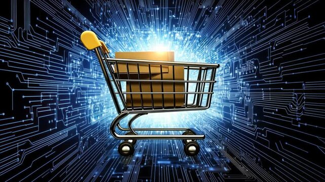 E-commerce shopping cart icon set against glowing circuit board patterns and blue lights, highlighting online order return policies and retail technology
