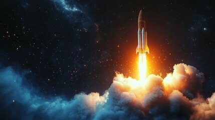 Fototapeta premium A powerful rocket blasts off into space, leaving a trail of fire and smoke behind it.