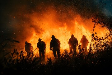 Fototapeta premium Firefighters Silhouetted Against A Fiery Wildfire Inferno