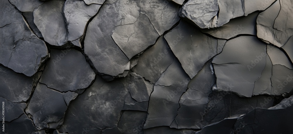 Poster textured black slate rock surface with intricate cracks and patterns, showcasing natural geological 