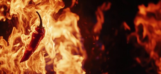 Fiery Red Chili Pepper Surrounded by Flames, Captivating Visual of Heat and Spice, Symbolizing Culinary Passion and Intensity, copy space for text