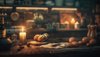 Rustic kitchen counter with bread, eggs, and candles, creating a warm and inviting atmosphere.