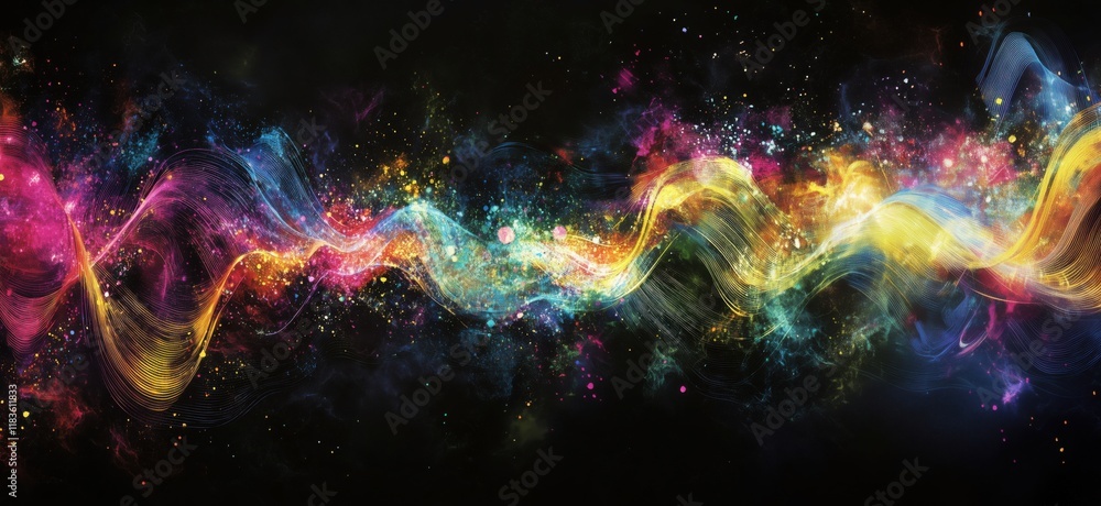 Poster vibrant abstract wave of colors and light, showcasing dynamic energy and cosmic beauty with swirling