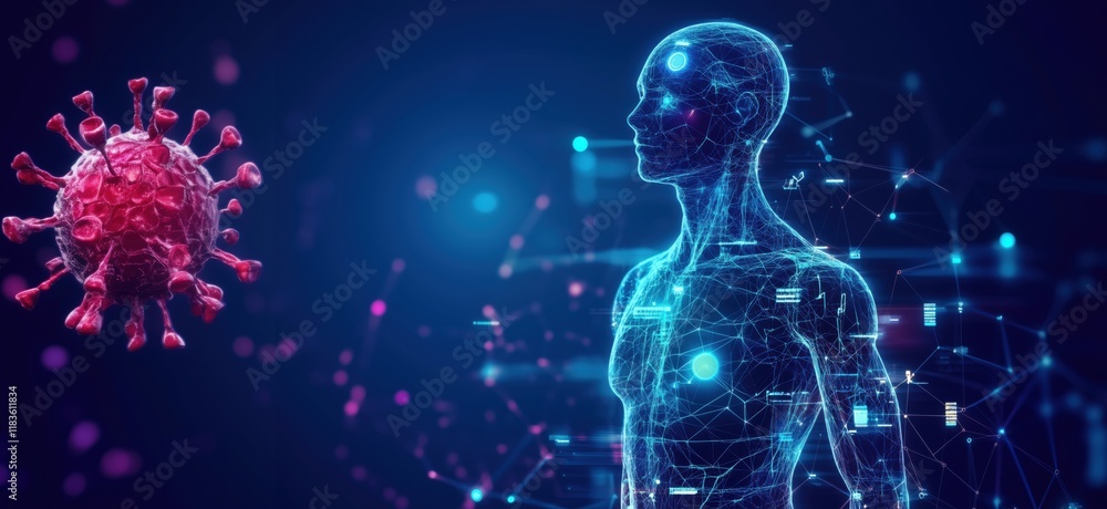 Aufkleber human figure represented in digital form interacting with virus model, showcasing health technology 