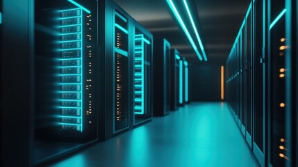 Fototapeta premium A futuristic server room with rows of servers lit by neon blue lights.