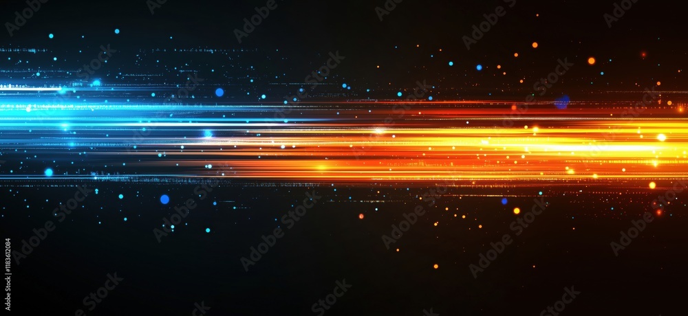 Poster dynamic light trails with blue and orange colors creating a vibrant abstract background, copy space 