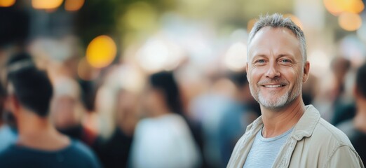 Fototapeta premium Smiling middle-aged man in casual attire surrounded by blurred crowd at outdoor event, showcasing joy and connection, copy space for text