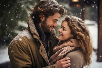 Romantic couple enjoying a snowy day, sharing a tender moment of love and happiness in a winter wonderland