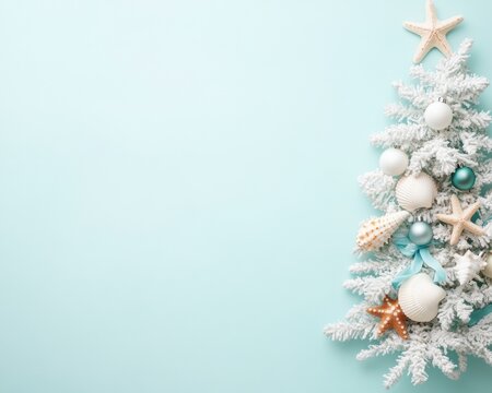 Coastal Christmas Tree with Seashell Ornaments on Light Blue Background