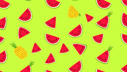 Watermelon Pineapple Summer Fruit Pattern Bright Green Background
