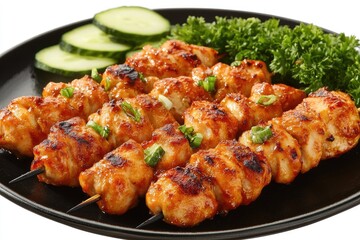 Grilled chicken skewers with garnish on black plate