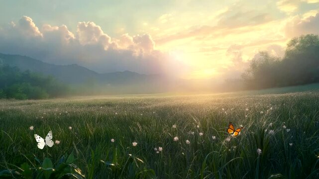 Wide meadow with colorful butterflies under bright morning sky. Nature concept