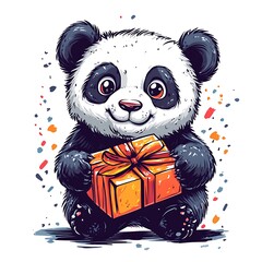 Cute Panda with Gift, Cartoon Style