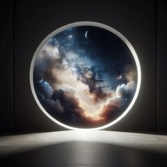 empty room illuminated by heavenly photorealistic moonlight coming through the ceiling with a smooth bright black wall,
