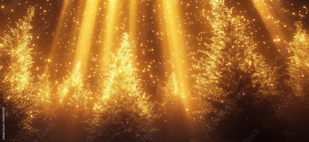 Poster golden light rays illuminating sparkling trees in a mystical forest setting, creating a magical atmo