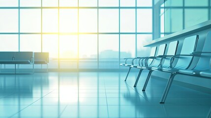Serenely Lit Empty Medical Clinic Waiting Room with Comfortable Chairs, Reception Desk, and Large Window. Designed for Patient Comfort, Emphasizing Simplicity and Cleanliness.