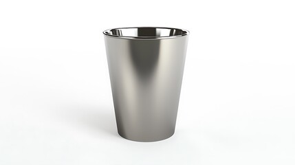 A silver cup with a shiny surface sits on a white background