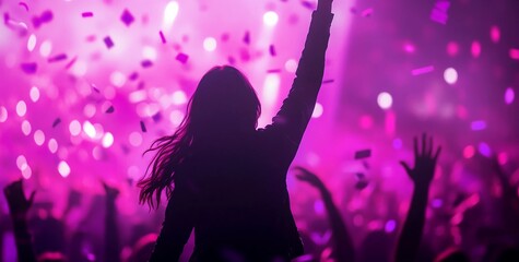 Concert Crowd with Girl Raising Hands: Music Festival and Live Event Illustration