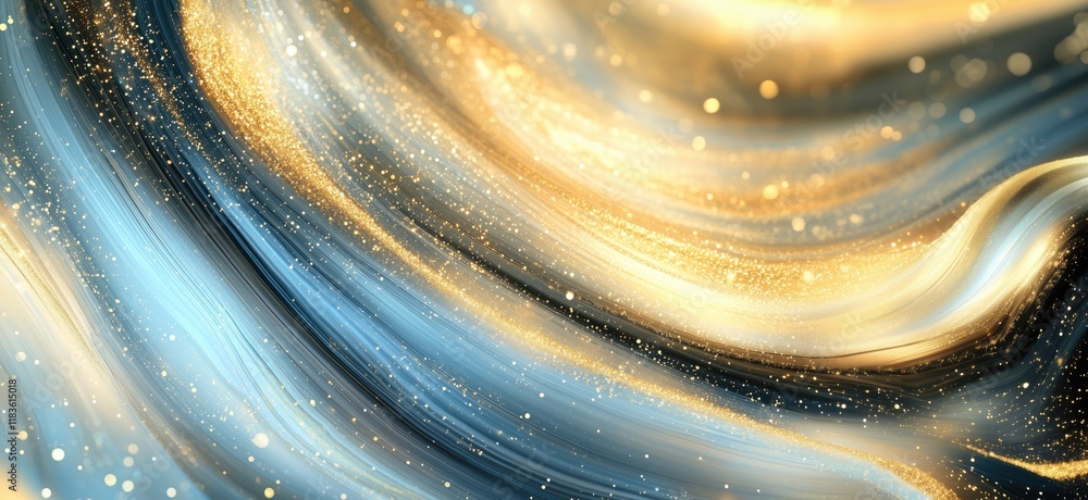 Poster abstract swirling patterns of blue and gold with sparkling glitter effects, creating a mesmerizing v