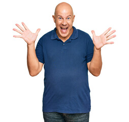 Fototapeta premium Middle age bald man wearing casual clothes celebrating crazy and amazed for success with arms raised and open eyes screaming excited. winner concept