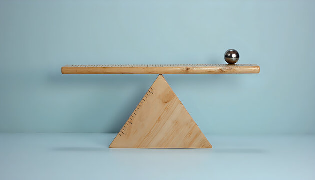 Simple Lever: A sturdy wooden ruler balanced on a triangular pivot point with a small metal weight placed on one end to demonstrate leverage. Flat composition, minimalistic, and precise.