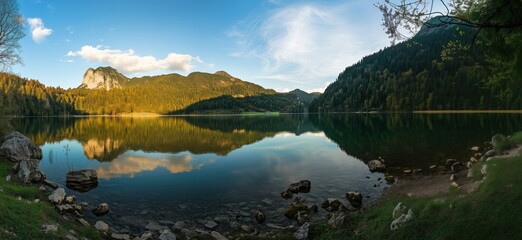 Serene Lake Reflection Surrounded by Lush Mountains and Forests at Sunset, Capturing Tranquility and Natural Beauty, copy space for text