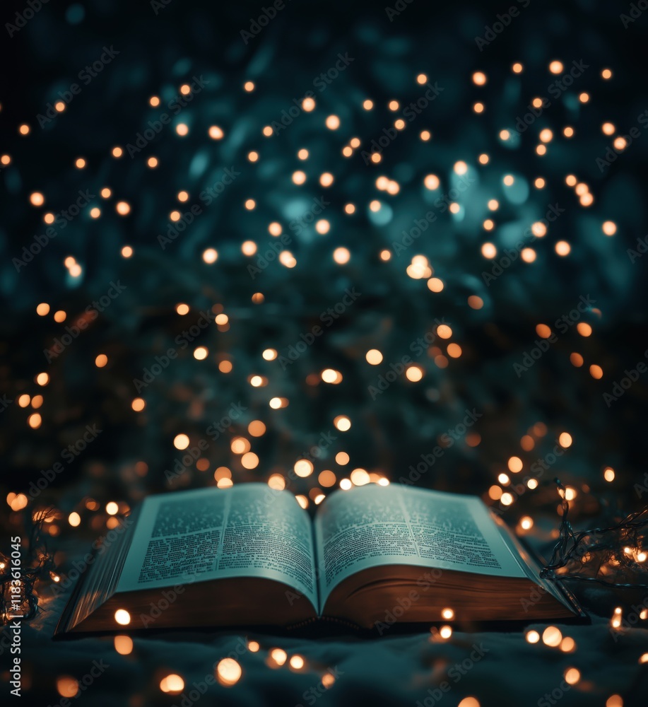 Poster open book illuminated by glowing fairy lights creating a magical atmosphere, inviting readers into a