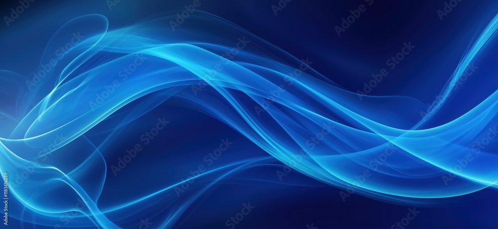 Poster abstract blue wave background with flowing light trails and smooth gradients, creating a sense of mo