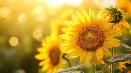 Obraz premium Close-up of a sunflower with dew drops in a field with blurred golden light background.