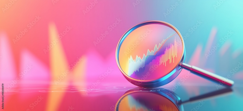 Poster data analysis magnified with colorful graphs and charts reflecting market trends and statistics, cop