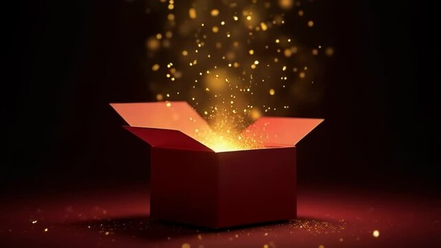 An enchanting red box opens to reveal a burst of sparkling lights and shimmering particles filling the surrounding space with magic