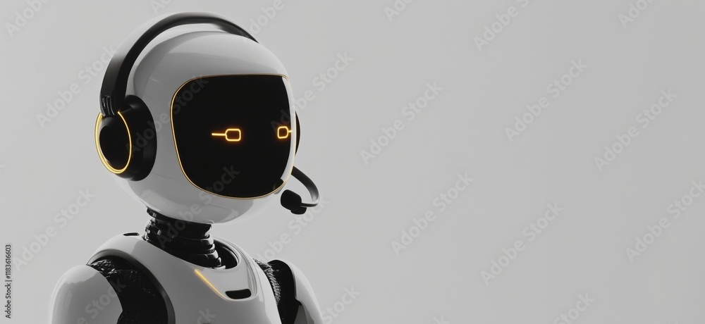 Poster futuristic robot with headset and glowing features, showcasing advanced ai technology and communicat