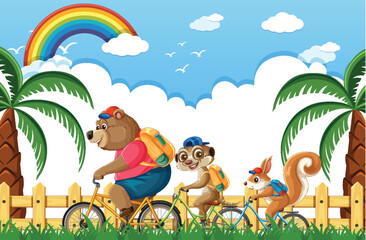 Animals Biking Under a Rainbow