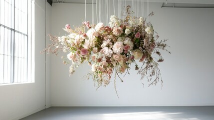 Suspended from the ceiling, a stunning flower arrangement graces the Mocha venue, harmonizing softness and color in a bright, open atmosphere. A true expression of floral artistry